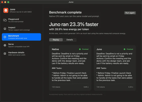 Juno macOS app comparing native and SME2-accelerated local model inference